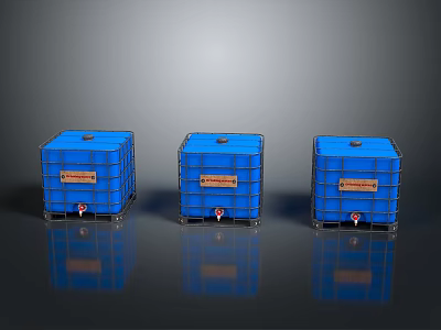 Three Blue Industrial Storage Totes With Orange Labels On Black Reflective Surface 3d model