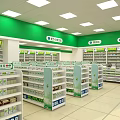 Green Retail Shop Interior With Shelves Stocked With Healthcare Products And Sections