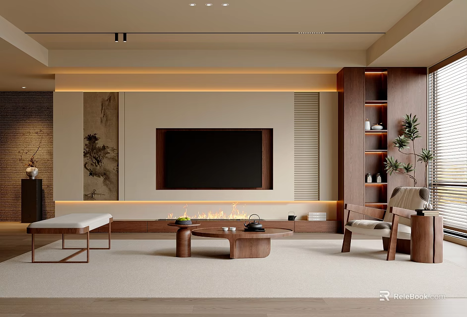 Modern Living Room Interior With Wooden TV Wall Coffee Table Armchair Rug And Lighting Strip 3d model 