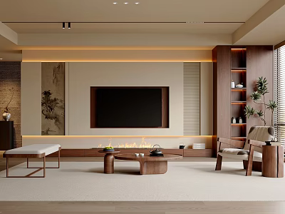 Modern Living Room Interior With Wooden TV Wall Coffee Table Armchair Rug And Lighting Strip 3d model
