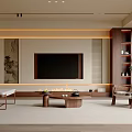 Modern Living Room Interior With Wooden TV Wall Coffee Table Armchair Rug And Lighting Strip