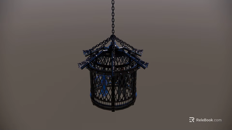 Hanging Black Metal Carved Cage Design Decorative Ornament Set With Blue Accents 3d model 