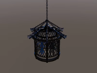 Hanging Black Metal Carved Cage Design Decorative Ornament Set With Blue Accents 3d model