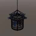 Hanging Black Metal Carved Cage Design Decorative Ornament Set With Blue Accents