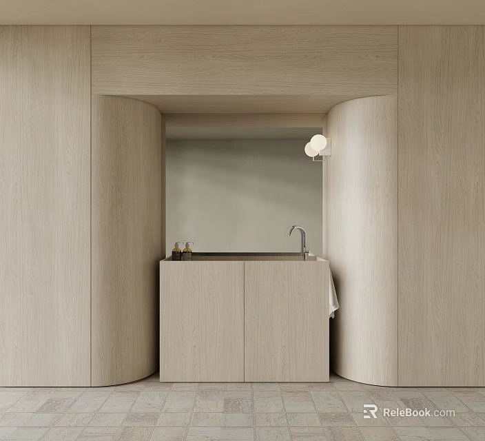 Minimalist Modern Kitchen Space With Beige Walls Counter Faucet And Round Lamp 3d model 