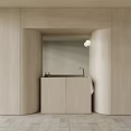 Minimalist Modern Kitchen Space With Beige Walls Counter Faucet And Round Lamp