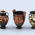 Three Ancient Greek Style Ceramic Vessels With Decorative Patterns And Handles 3d model