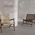Minimalist Rattan Weave and Solid Wooden Frame Leisure Chairs with Light Shadow on Wall Background