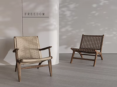 Minimalist Rattan Weave and Solid Wooden Frame Leisure Chairs with Light Shadow on Wall Background 3d model
