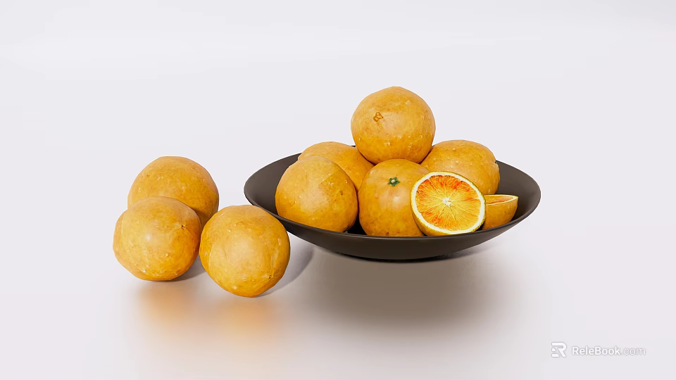 Fresh Ripe Oranges Arranged in Black Plate with Sliced and Whole Pieces on Light Surface 3d model 