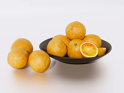 Fresh Ripe Oranges Arranged in Black Plate with Sliced and Whole Pieces on Light Surface 3d model