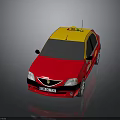 Red and Yellow Taxi Sedan With Checkerboard Pattern Doors And Roof Top Sign