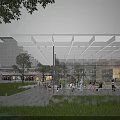 Café with Greenery Roof Wooden Structure Glass Walls Outdoor Seating Surrounded by Trees Twilight Lighting