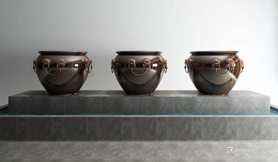 Three Dark Fish Tanks With Animal Head Rings On Grey Tile Counter 3d model 