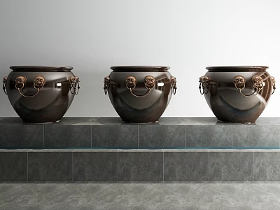 Three Dark Fish Tanks With Animal Head Rings On Grey Tile Counter 3d model