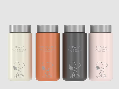 Four Beige Orange Dark Gray Pink Thermal Cups With Cartoon Snoopy And Cute Smile Text 3d model