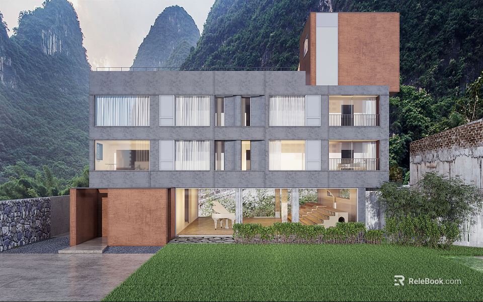 Modern Detached Villa With Concrete Facade Large Windows Mountain View And Green Lawn Lush Vegetation 3d model 