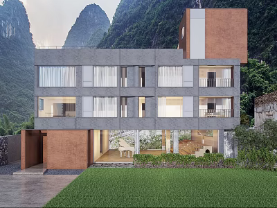 Modern Detached Villa With Concrete Facade Large Windows Mountain View And Green Lawn Lush Vegetation 3d model