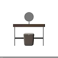 Modern Minimalist Dressing Table With Wooden Top Black Metal Frame Round Mirror And Upholstered Stool