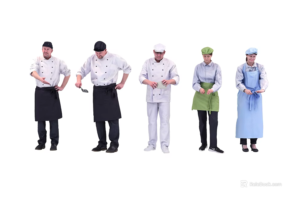 Group of Professional Chefs in Different Uniforms Hats and Aprons Standing 3d model 