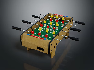 Fun Wooden Foosball Table with Colorful Red Yellow Players Black Handles and Green Tabletop Surface 3d model