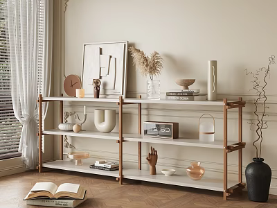 Modern White Storage Shelf with Gold Frame Displaying Vases Books Sculptures and Dried Flowers 3d model