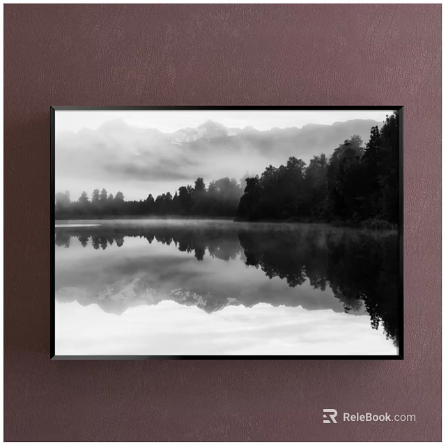 Black and White Landscape Painting With Lake Reflection Misty Mountains and Trees 3d model 