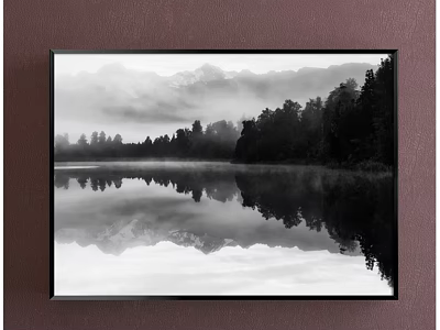Black and White Landscape Painting With Lake Reflection Misty Mountains and Trees 3d model
