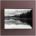 Black and White Landscape Painting With Lake Reflection Misty Mountains and Trees