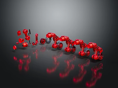 Red Robotic Arms With Scattered Furniture Parts On Black Background Reflection 3d model