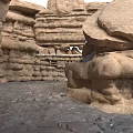 Rugged Natural Rocky Terrain Featuring Layered Stone Walls And Large Boulder Formations