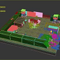 Cartoon Style Courtyard Scene With Green Fences Small Huts Red Gray Roofs Trees And Grassy Ground