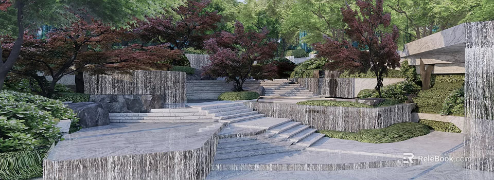 Layered Garden Landscape With Stone Steps Waterfall Walls And Red Leaved Trees 3d model 