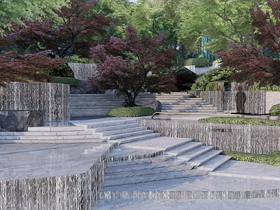 Layered Garden Landscape With Stone Steps Waterfall Walls And Red Leaved Trees 3d model