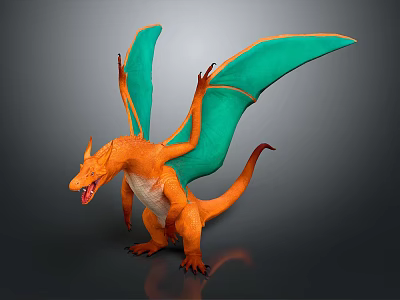 Orange Mythical Reptile Dragon With Green Spread Wings And Vibrant Scales 3d model