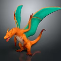 Orange Mythical Reptile Dragon With Green Spread Wings And Vibrant Scales