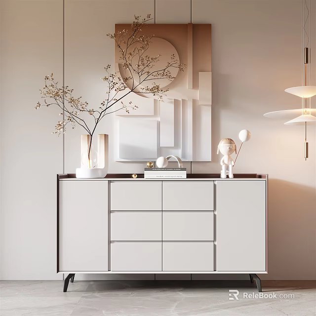 Modern Entryway Cabinet With Minimalist Console Table Decorative Vases Sculpture And Wall Art 3d model 