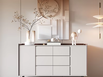 Modern Entryway Cabinet With Minimalist Console Table Decorative Vases Sculpture And Wall Art 3d model