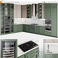 Modern Green Kitchen Interior With Cabinets Glass Doors Marble Countertop And Gas Stove
