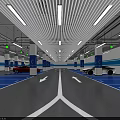 Modern Parking Lot Interior With Gray Floor Orange Sections White Lines And Blue Striped Walls