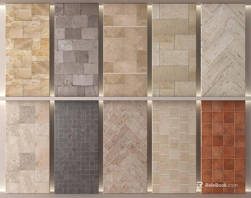 Various Floor Tiles Featuring Different Colors Textures Stone Like Finishes and Herringbone Patterns 3d model 