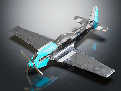 Silver Fighter Jet Model With Propeller And Blue Accents Displayed On Reflective Surface 3d model