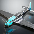 Silver Fighter Jet Model With Propeller And Blue Accents Displayed On Reflective Surface