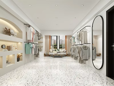 Modern Clothing Store Interior With Clothes Display Racks Large Mirror Terrazzo Floor And Sofa Seating Area 3d model