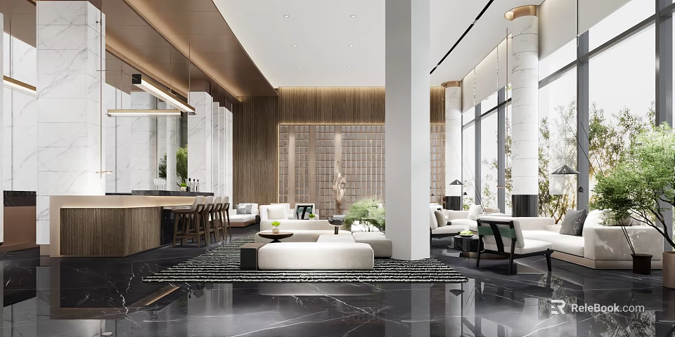 Spacious Modern Lounge Area With Sofas Large Windows And Wooden Accents 3d model 