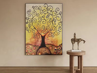 Abstract Painting Home Interior With Swirly Tree Yellow Orange Background Circular Patterns 3d model