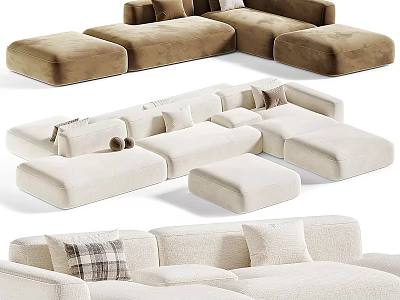 Modern Beige And White Sectional Sofa With Modular Design Cozy Cushions And Ottoman 3d model