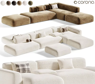 Modern Beige And White Sectional Sofa With Modular Design Cozy Cushions And Ottoman 3d model