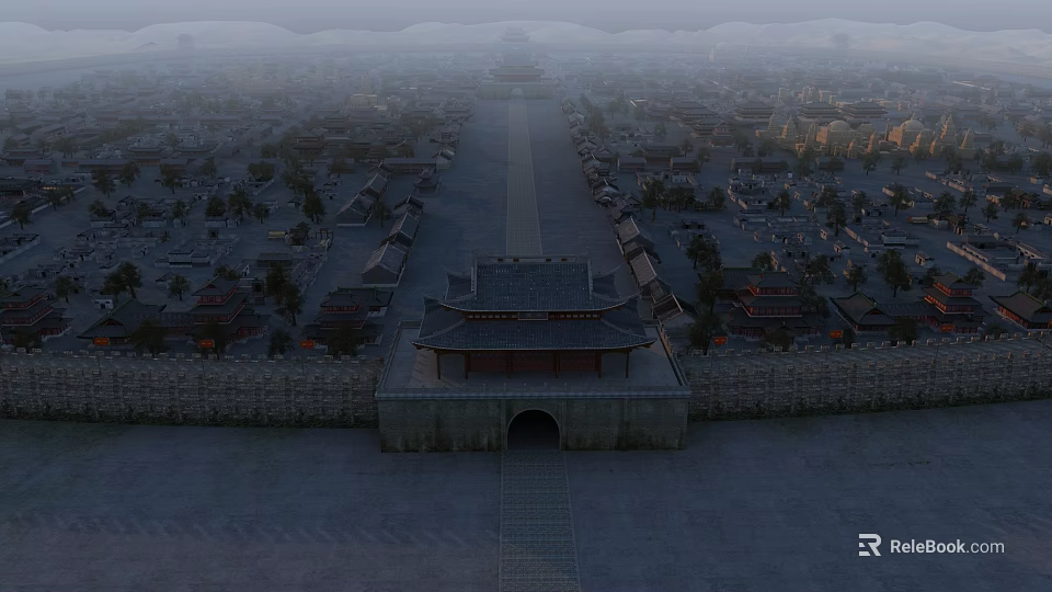 Ancient Architecture Showcases Traditional Gate City Wall and Central Axis Street Layout 3d model 