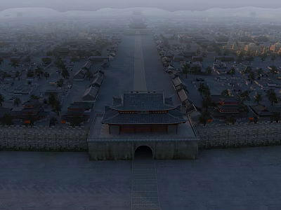 Ancient Architecture Showcases Traditional Gate City Wall and Central Axis Street Layout 3d model